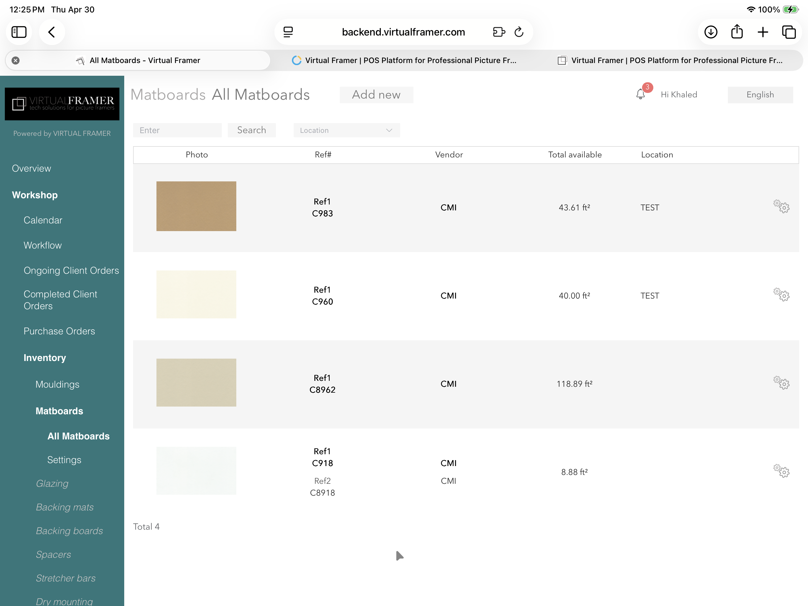Matboard inventory