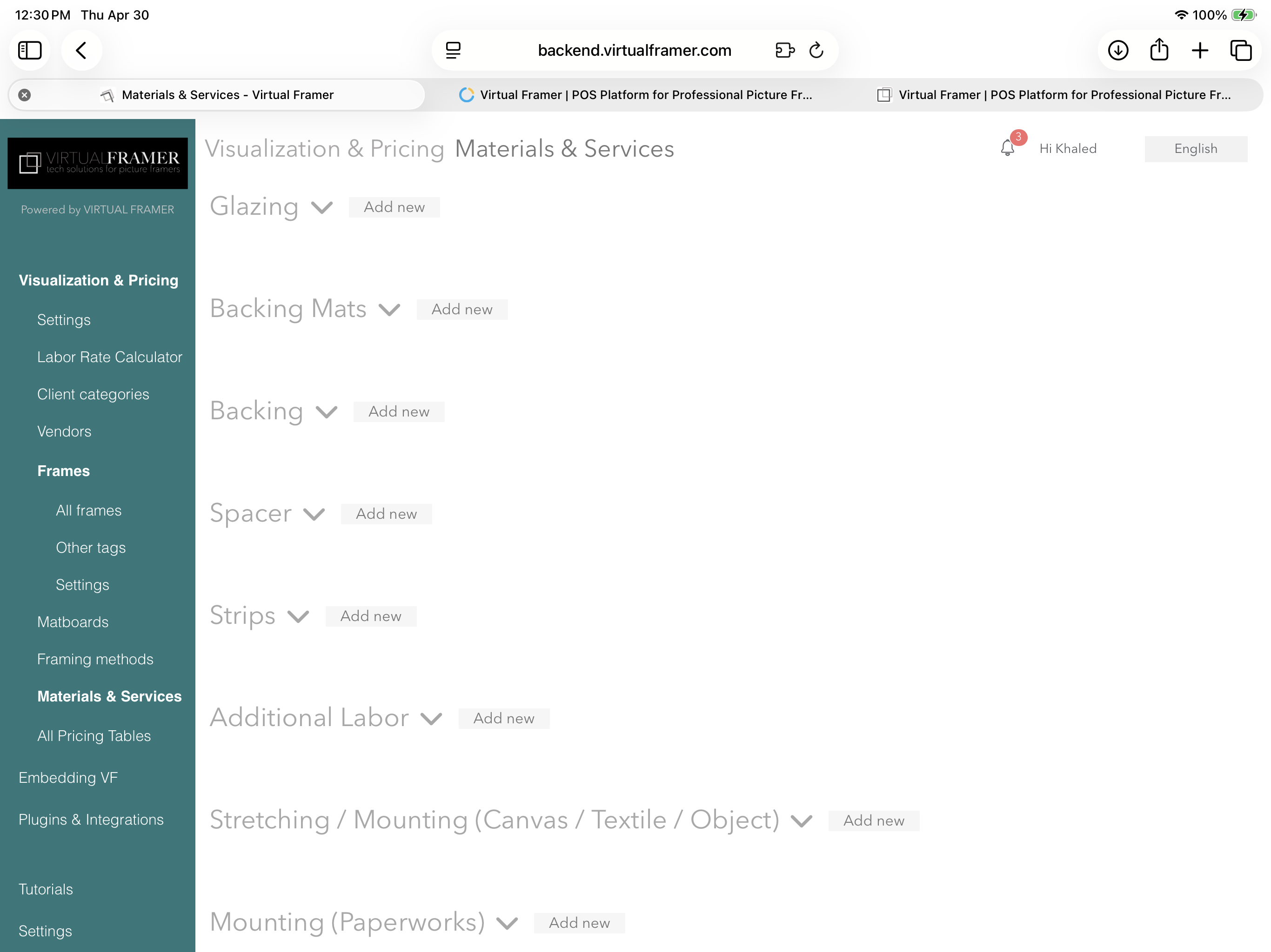 Pricing tools for all materials and services